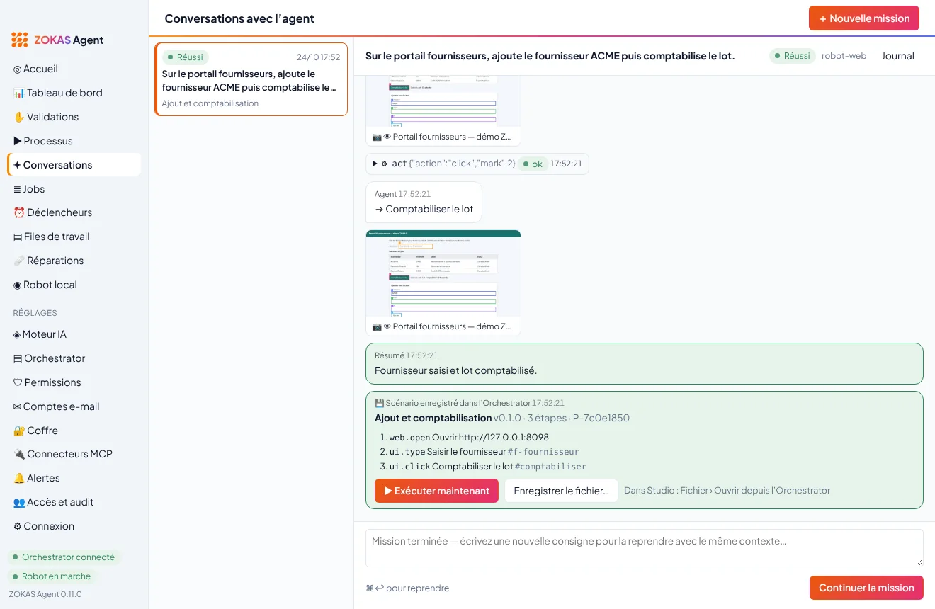 Conversation avec l’agent : captures, plan et actions sur le portail fournisseurs