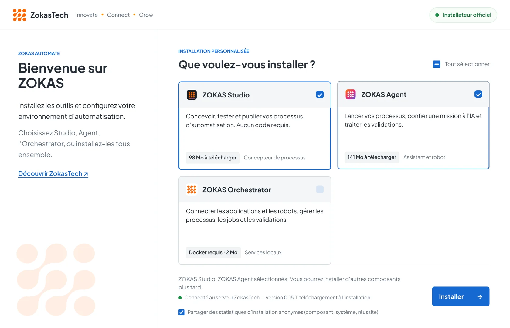 Installateur ZokasTech : choix de ZOKAS Studio, ZOKAS Agent et ZOKAS Orchestrator