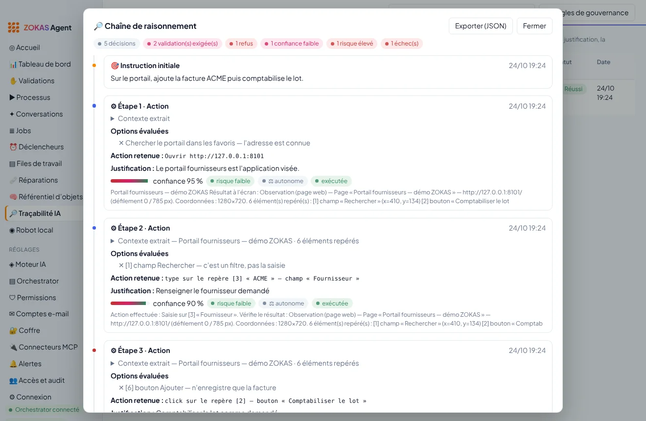 Chaîne de raisonnement d’une mission : options évaluées, action retenue, confiance et validation